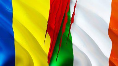 Romanya ve İrlanda bayrakları. 3 boyutlu dalgalanan bayrak tasarımı. Romanya bayrağı, resim, duvar kağıdı. Romanya, İrlanda 'ya karşı imaj, 3D görüntüleme. Romanya İrlanda ilişkileri ittifak ve ticaret, seyahat ve turizm konsepti