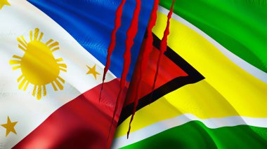 Yara izi olan Filipinler ve Guyana bayrakları. Dalgalanan bayrak, 3 boyutlu görüntüleme. Filipinler ve Guyana çatışma konsepti. Filipinler Guyana ilişkileri kavramı. Filipinler bayrağı ve Guyana krizi, savaş