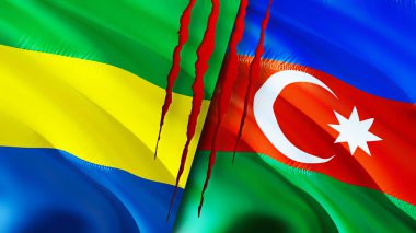 Gabon ve Azerbaycan yara izi olan bayraklar. Dalgalanan bayrak, 3 boyutlu görüntüleme. Gabon ve Azerbaycan çatışma konsepti. Gabon Azerbaycan ilişkileri kavramı. Gabon ve Azerbaycan krizi, savaş, attac bayrağı