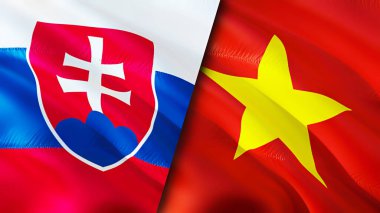 Slovakya ve Vietnam bayrakları. 3 boyutlu dalgalanan bayrak tasarımı. Slovakya Vietnam bayrağı, resim, duvar kağıdı. Slovakya, Vietnam imajına karşı, 3 boyutlu canlandırma. Slovakya Vietnam ilişkileri ittifak ve ticaret, seyahat, turnuva
