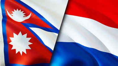 Nepal ve Hollanda bayrakları. 3 boyutlu dalgalanan bayrak tasarımı. Nepal Hollanda bayrağı, resim, duvar kağıdı. Nepal, Hollanda 'ya karşı. Görüntü 3D. Nepal Hollanda ilişkileri ittifak ve ticaret, seyahat, turnuva