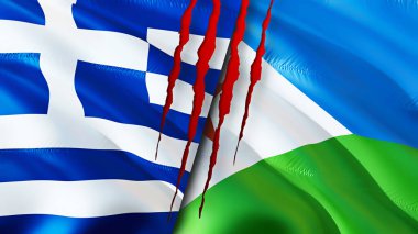 Yunanistan ve Cibuti yara izi kavramına sahip bayraklar taşıyor. Dalgalanan bayrak, 3 boyutlu görüntüleme. Yunanistan ve Cibuti ihtilaf kavramı. Yunanistan Cibuti ilişkileri kavramı. Yunanistan bayrağı ve Cibuti krizi, savaş, saldırı konsepti