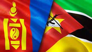 Moğolistan ve Mozambik bayrakları. 3 boyutlu dalgalanan bayrak tasarımı. Moğolistan Mozambik bayrağı, resim, duvar kağıdı. Moğolistan, Mozambik 'e karşı, görüntü 3 boyutlu. Moğolistan Mozambik ilişkileri