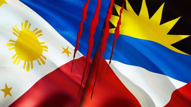 Filipinler, Antigua ve yara izi olan Barbuda bayrakları. Dalgalanan bayrak, 3 boyutlu görüntüleme. Filipinler, Antigua ve Barbuda çatışma konsepti. Filipinler Antigua ve Barbuda ilişkileri kavramı. fla