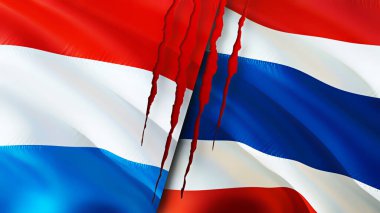 Yara izi olan Lüksemburg ve Tayland bayrakları. Dalgalanan bayrak, 3 boyutlu görüntüleme. Lüksemburg ve Tayland çatışması konsepti. Lüksemburg Tayland ilişkileri kavramı. Lüksemburg ve Tayland bayrağı