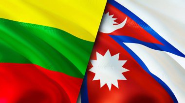 Litvanya ve Nepal bayrakları. 3 boyutlu dalgalanan bayrak tasarımı. Litvanya Nepal bayrağı, resim, duvar kağıdı. Litvanya, Nepal imajına karşı, 3 boyutlu canlandırma. Litvanya Nepal ilişkileri ittifak ve ticaret, seyahat, turizm konsepti