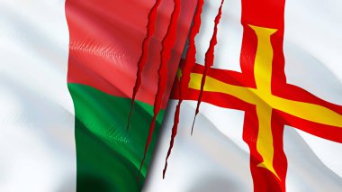 Madagaskar ve Guernsey yara izi olan bayraklar. Dalgalanan bayrak, 3 boyutlu görüntüleme. Madagaskar ve Guernsey çatışma konsepti. Madagaskar Guernsey ilişkileri kavramı. Madagaskar ve Guernse bayrağı