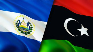 El Salvador ve Libya bayrakları. 3 boyutlu dalgalanan bayrak tasarımı. El Salvador Libya bayrağı, resim, duvar kağıdı. El Salvador Libya 'ya karşı, görüntü 3D. El Salvador Libya ilişkileri savaş ittifakı kavramı. Ticaret.