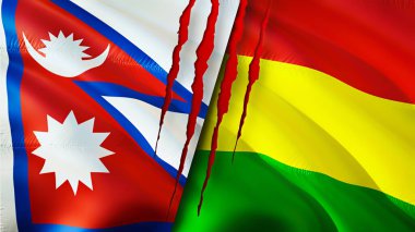 Nepal ve Bolivya bayrakları ve yara izi konsepti. Dalgalanan bayrak, 3 boyutlu görüntüleme. Nepal ve Bolivya çatışma konsepti. Nepal Bolivya ilişkileri konsepti. Nepal ve Bolivya bayrağı krizi, savaş, saldırı konsepti