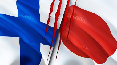 Finlandiya ve Japonya yara izi kavramına sahip bayraklar. Dalgalanan bayrak, 3 boyutlu görüntüleme. Finlandiya ve Japonya çatışma konsepti. Finlandiya Japonya ilişkileri kavramı. Finlandiya bayrağı ve Japonya krizi, savaş, saldırı konsepti