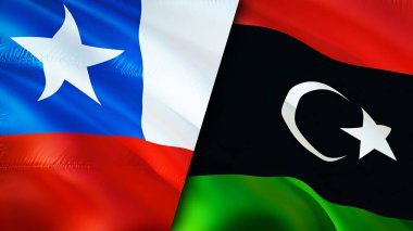 Şili ve Libya bayrakları. 3 boyutlu dalgalanan bayrak tasarımı. Şili Libya bayrağı, resim, duvar kağıdı. Şili, Libya 'ya karşı, görüntü 3 boyutlu. Şili Libya ilişkileri ittifak ve ticaret, seyahat, turizm konsepti