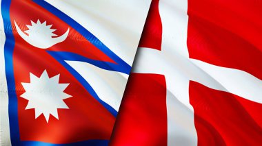 Nepal ve Danimarka bayrakları. 3 boyutlu dalgalanan bayrak tasarımı. Nepal Danimarka bayrağı, resim, duvar kağıdı. Nepal, Danimarka 'ya karşı, görüntü 3 boyutlu. Nepal Danimarka ilişkileri ittifak ve ticaret, seyahat, turizm konsepti