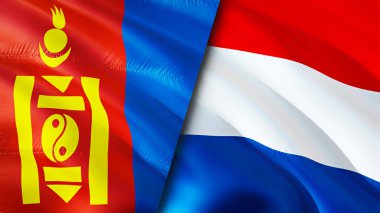 Moğolistan ve Hollanda bayrakları. 3 boyutlu dalgalanan bayrak tasarımı. Moğolistan Hollanda bayrağı, resim, duvar kağıdı. Moğolistan Hollanda 'ya karşı, görüntü 3 boyutlu. Moğolistan Hollanda ilişkileri