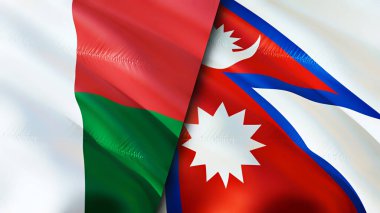 Madagaskar ve Nepal bayrakları. 3 boyutlu dalgalanan bayrak tasarımı. Madagaskar Nepal bayrağı, resim, duvar kağıdı. Madagaskar, Nepal imajına karşı, 3 boyutlu görüntüleme. Madagaskar Nepal ilişkileri ittifak ve ticaret, seyahat, turnuva