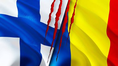 Finlandiya ve Romanya yara izi kavramına sahip bayraklar. Dalgalanan bayrak, 3 boyutlu görüntüleme. Finlandiya ve Romanya ihtilaf kavramı. Finlandiya Romanya ilişkileri kavramı. Finlandiya bayrağı ve Romanya krizi, savaş, saldırı konsepti
