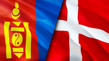 Moğolistan ve Danimarka bayrakları. 3 boyutlu dalgalanan bayrak tasarımı. Moğolistan Danimarka bayrağı, resim, duvar kağıdı. Moğolistan, Danimarka 'ya karşı, görüntü 3D. Moğolistan Danimarka ilişkileri ittifak ve ticaret, seyahat, turnuva