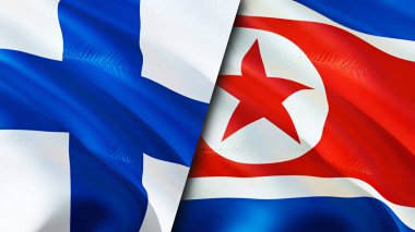 Finlandiya ve Kuzey Kore bayrakları. 3 boyutlu dalgalanan bayrak tasarımı. Finlandiya Kuzey Kore bayrağı, resim, duvar kağıdı. Finlandiya, Kuzey Kore 'ye karşı, görüntü 3D. Finlandiya Kuzey Kore ilişkileri ittifakı