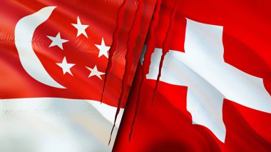 Yara izi olan Singapur ve İsviçre bayrakları. Dalgalanan bayrak, 3 boyutlu görüntüleme. Singapur ve İsviçre çatışma konsepti. Singapur İsviçre ilişkileri kavramı. Singapur ve İsviçre bayrağı