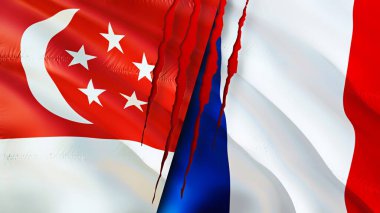 Singapur ve Fransa bayraklarında yara izi var. Dalgalanan bayrak, 3 boyutlu görüntüleme. Singapur ve Fransa çatışma konsepti. Singapur Fransa ilişkileri kavramı. Singapur bayrağı ve Fransa krizi, savaş, attac