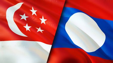 Singapur ve Laos bayrakları. 3 boyutlu dalgalanan bayrak tasarımı. Singapur Laos bayrağı, resim, duvar kağıdı. Singapur Laos 'a karşı görüntüsü, 3D görüntüleme. Singapur Laos ilişkileri ittifak ve ticaret, seyahat, turizm konsepti