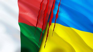 Madagaskar ve Ukrayna bayrakları yara izi konseptiyle. Dalgalanan bayrak, 3 boyutlu görüntüleme. Madagaskar ve Ukrayna çatışma konsepti. Madagaskar Ukrayna ilişkileri kavramı. Madagaskar bayrağı ve Ukrayna krizi, savaş