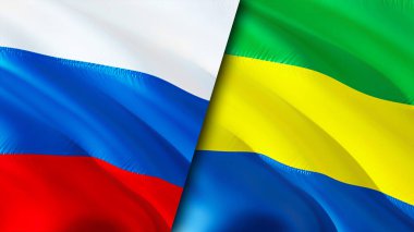 Rusya ve Gabon bayrakları. 3 boyutlu dalgalanan bayrak tasarımı. Rusya Gabon bayrağı, resim, duvar kağıdı. Rusya Gabon 'a karşı, görüntü 3 boyutlu. Rusya Gabon ilişkileri ittifak ve ticaret, seyahat, turizm konsepti