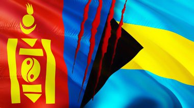 Yara izi olan Moğolistan ve Bahamalar bayrakları. Dalgalanan bayrak, 3 boyutlu görüntüleme. Moğolistan ve Bahamalar çatışma konsepti. Moğolistan Bahamalar ilişkileri kavramı. Moğolistan bayrağı ve Bahamalar krizi, savaş, attac