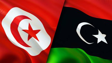 Tunus ve Libya bayrakları. 3 boyutlu dalgalanan bayrak tasarımı. Tunus Libya bayrağı, resim, duvar kağıdı. Tunus, Libya imajına karşı, 3D görüntüleme. Tunus Libya ilişkileri ittifak ve ticaret, seyahat, turizm konsepti