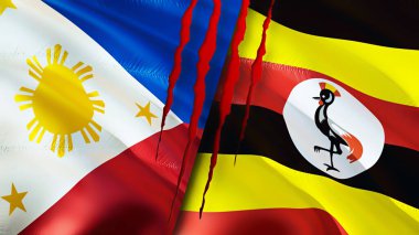 Yara izi olan Filipinler ve Uganda bayrakları. Dalgalanan bayrak, 3 boyutlu görüntüleme. Filipinler ve Uganda çatışma konsepti. Filipinler Uganda ilişkileri konsepti. Filipinler bayrağı ve Uganda krizi, savaş