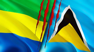 Gabon ve Saint Lucia bayrakları yara izi konseptiyle. Dalgalanan bayrak, 3 boyutlu görüntüleme. Gabon ve Saint Lucia çatışma konsepti. Gabon Saint Lucia ilişkileri kavramı. Gabon bayrağı ve Saint Lucia krizi, savaş, attac