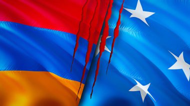 Yara izi olan Ermenistan ve Mikronezya bayrakları. Dalgalanan bayrak, 3 boyutlu görüntüleme. Ermenistan ve Mikronezya çatışma konsepti. Ermenistan Mikronezya ilişkileri konsepti. Ermenistan bayrağı ve Mikronezya krizi, savaş