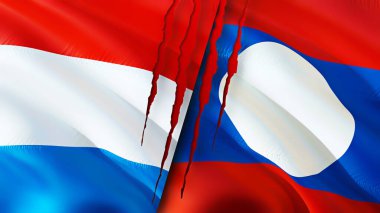 Yara izi olan Lüksemburg ve Laos bayrakları. Dalgalanan bayrak, 3 boyutlu görüntüleme. Lüksemburg ve Laos çatışma konsepti. Lüksemburg Laos ilişkileri kavramı. Lüksemburg ve Laos bayrağı krizi, savaş, saldırı konsepti