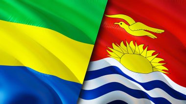 Gabon ve Kiribati bayrakları. 3 boyutlu dalgalanan bayrak tasarımı. Gabon Kiribati bayrağı, resim, duvar kağıdı. Gabon, Kiribati 'ye karşı, görüntü 3 boyutlu. Gabon Kiribati ilişkileri ittifak ve ticaret, seyahat, turizm konsepti
