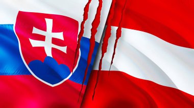 Slovakya ve Avusturya yara izi kavramına sahip bayraklar. Dalgalanan bayrak, 3 boyutlu görüntüleme. Slovakya ve Avusturya çatışma konsepti. Slovakya Avusturya ilişkileri kavramı. Slovakya ve Avusturya bayrağı krizi, savaş, attac