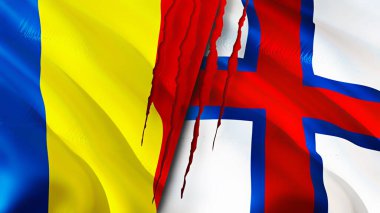 Romanya ve Faroe Adaları yara izi kavramına sahip bayraklar. Dalgalanan bayrak, 3 boyutlu görüntüleme. Romanya ve Faroe Adaları çatışma konsepti. Romanya Faroe Adaları ilişkileri kavramı. Romanya ve Faroe Adası bayrağı