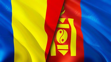 Romanya ve Moğolistan bayrakları. 3 boyutlu dalgalanan bayrak tasarımı. Romanya Moğolistan bayrağı, resim, duvar kağıdı. Romanya Moğolistan imajına karşı, 3D görüntüleme. Romanya Moğolistan ilişkileri ittifak ve Ticaret, seyahat, turnuva