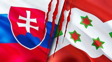 Slovakya ve Burundi bayraklarında yara izi var. Dalgalanan bayrak, 3 boyutlu görüntüleme. Slovakya ve Burundi çatışma konsepti. Slovakya Burundi ilişkileri kavramı. Slovakya bayrağı ve Burundi krizi, savaş, attac