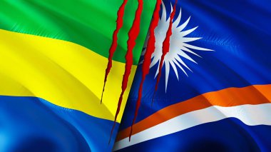 Gabon ve Marshall Adaları yara izi olan bayraklar. Dalgalanan bayrak, 3 boyutlu görüntüleme. Gabon ve Marshall Adaları çatışma konsepti. Gabon Marshall Adaları ilişkileri kavramı. Gabon ve Mareşal bayrağı
