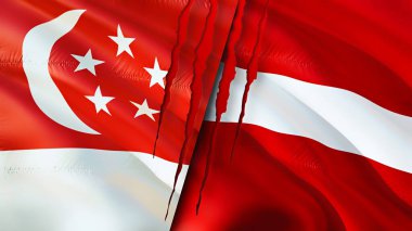 Yara izi olan Singapur ve Letonya bayrakları. Dalgalanan bayrak, 3 boyutlu görüntüleme. Singapur ve Letonya çatışma konsepti. Singapur Letonya ilişkileri kavramı. Singapur ve Letonya bayrağı krizi, savaş, attac