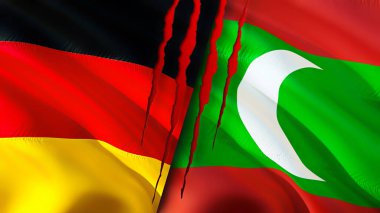 Almanya ve Maldivler yara izi olan bayraklar. Dalgalanan bayrak, 3 boyutlu görüntüleme. Almanya ve Maldivler çatışma konsepti. Almanya Maldivler ilişkileri kavramı. Almanya bayrağı ve Maldivler krizi, savaş, attac