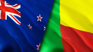 Yeni Zelanda ve Benin bayrakları. 3 boyutlu dalgalanan bayrak tasarımı. Yeni Zelanda Benin bayrağı, resim, duvar kağıdı. Yeni Zelanda, Benin 'e karşı, görüntü 3D. Yeni Zelanda Benin ilişkileri savaş ittifakı kavramı. Ticaret.