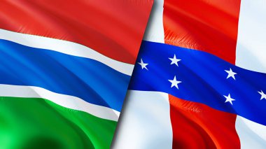 Gambiya ve Hollanda Antilleri bayrağı. 3 boyutlu dalgalanan bayrak tasarımı. Gambiya Hollanda Antilleri bayrağı, resim, duvar kağıdı. Gambiya, Hollanda Antilleri 'ne karşı. Görüntü 3D. Gambiya Hollanda AntilleriName