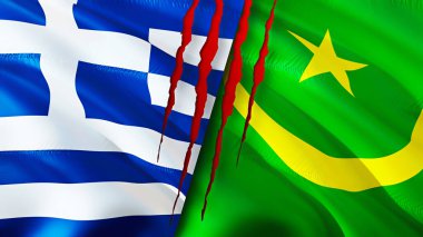 Yunanistan ve Moritanya yara izi kavramına sahip bayraklar. Dalgalanan bayrak, 3 boyutlu görüntüleme. Yunanistan ve Moritanya çatışma konsepti. Yunanistan Moritanya ilişkileri kavramı. Yunanistan bayrağı ve Moritanya krizi, savaş, attac