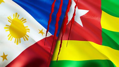 Yara izi olan Filipinler ve Togo bayrakları. Dalgalanan bayrak, 3 boyutlu görüntüleme. Filipinler ve Togo çatışma konsepti. Filipinler Togo ilişkileri konsepti. Filipinler bayrağı ve Togo krizi, savaş, attac