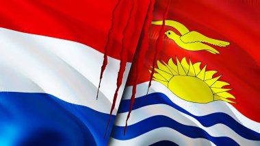 Hollanda ve Kiribati bayraklarında yara izi var. Dalgalanan bayrak, 3 boyutlu görüntüleme. Hollanda ve Kiribati çatışma konsepti. Hollanda Kiribati ilişkileri kavramı. Hollanda ve Kiribat bayrağı