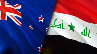 Yeni Zelanda ve Irak bayrakları. 3 boyutlu dalgalanan bayrak tasarımı. Yeni Zelanda Irak bayrağı, resim, duvar kağıdı. Yeni Zelanda Irak 'a karşı, görüntü 3D. Yeni Zelanda Irak ilişkileri savaş ittifakı kavramı. Ticaret, turnuva.