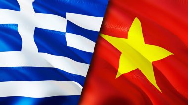 Yunanistan ve Vietnam bayrakları. 3 boyutlu dalgalanan bayrak tasarımı. Yunanistan Vietnam bayrağı, resim, duvar kağıdı. Yunanistan, Vietnam 'a karşı, 3 boyutlu görüntüleme. Yunanistan Vietnam ilişkileri ittifak ve ticaret, seyahat ve turizm konsepti