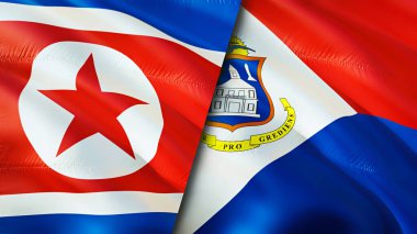 Kuzey Kore ve Sint Maarten bayrakları. 3 boyutlu dalgalanan bayrak tasarımı. Kuzey Kore Sint Maarten bayrağı, resim, duvar kağıdı. Kuzey Kore, Sint Maarten 'e karşı 3 boyutlu görüntü. Kuzey Kore Sint Maarten ilişkisi