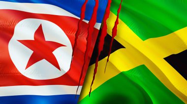 Yara izi olan Kuzey Kore ve Jamaika bayrakları. Dalgalanan bayrak, 3 boyutlu görüntüleme. Kuzey Kore ve Jamaika çatışma konsepti. Kuzey Kore Jamaika ilişkileri kavramı. Kuzey Kore ve Jamaika bayrağı