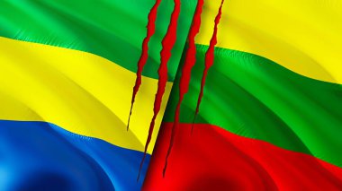 Gabon ve Litvanya yara izi olan bayraklar. Dalgalanan bayrak, 3 boyutlu görüntüleme. Gabon ve Litvanya çatışma konsepti. Gabon Litvanya ilişkileri kavramı. Gabon ve Litvanya bayrağı krizi, savaş, saldırı konsepti